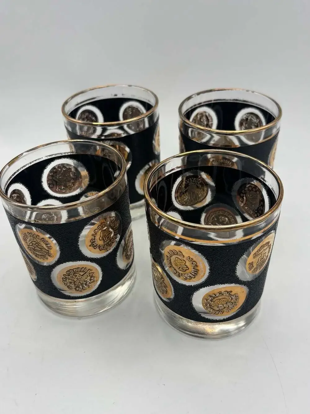 Vintage Libbey Mid-Century Black Textured Gold Coin 10 oz Highball Glasses, Set